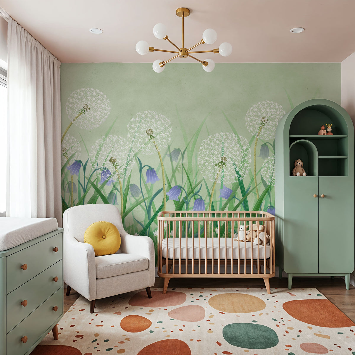 Dandelion Meadow, Green Mural Wallpaper - room preview 02