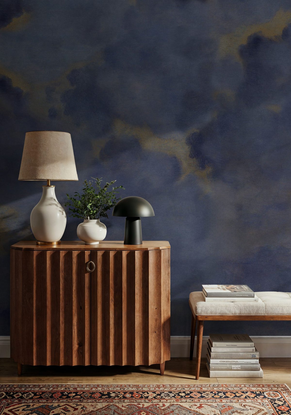 Painted Dreamy Clouds, Indigo Mural Wallpaper - room preview 02