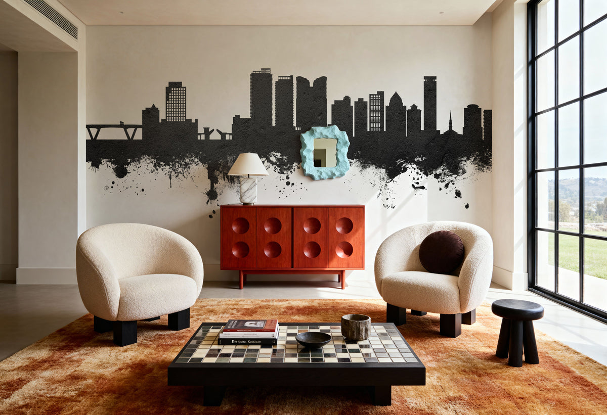 Fort Lauderdale Florida Skyline Black & White Mural Wallpaper - room preview 02