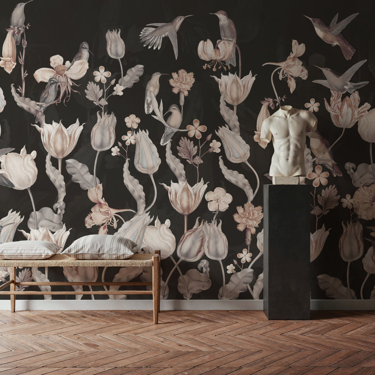 Tulips & Birds, Black Mural Wallpaper - room preview 02