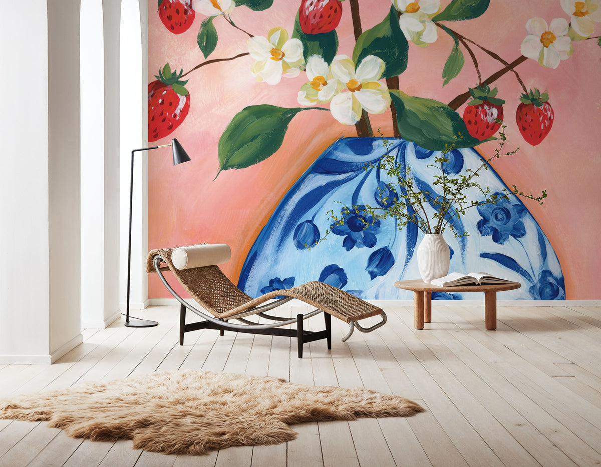 Blooming Strawberry Vase Mural Wallpaper - room preview 02