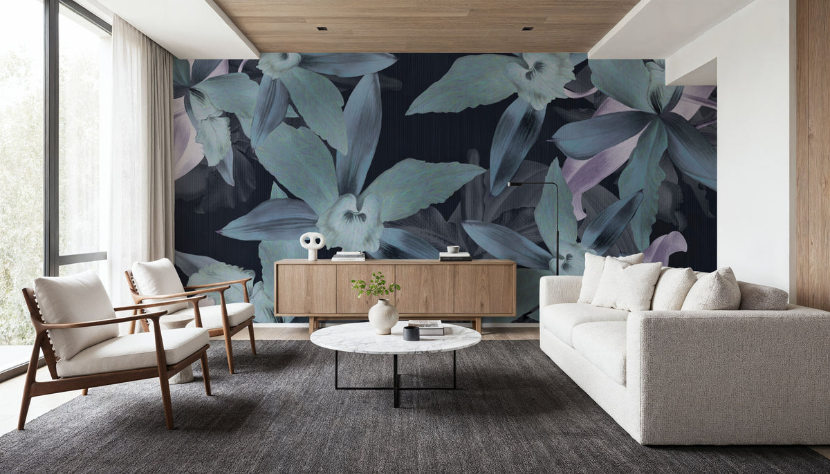Big Orchids Dark Green Mural Wallpaper - room preview 02