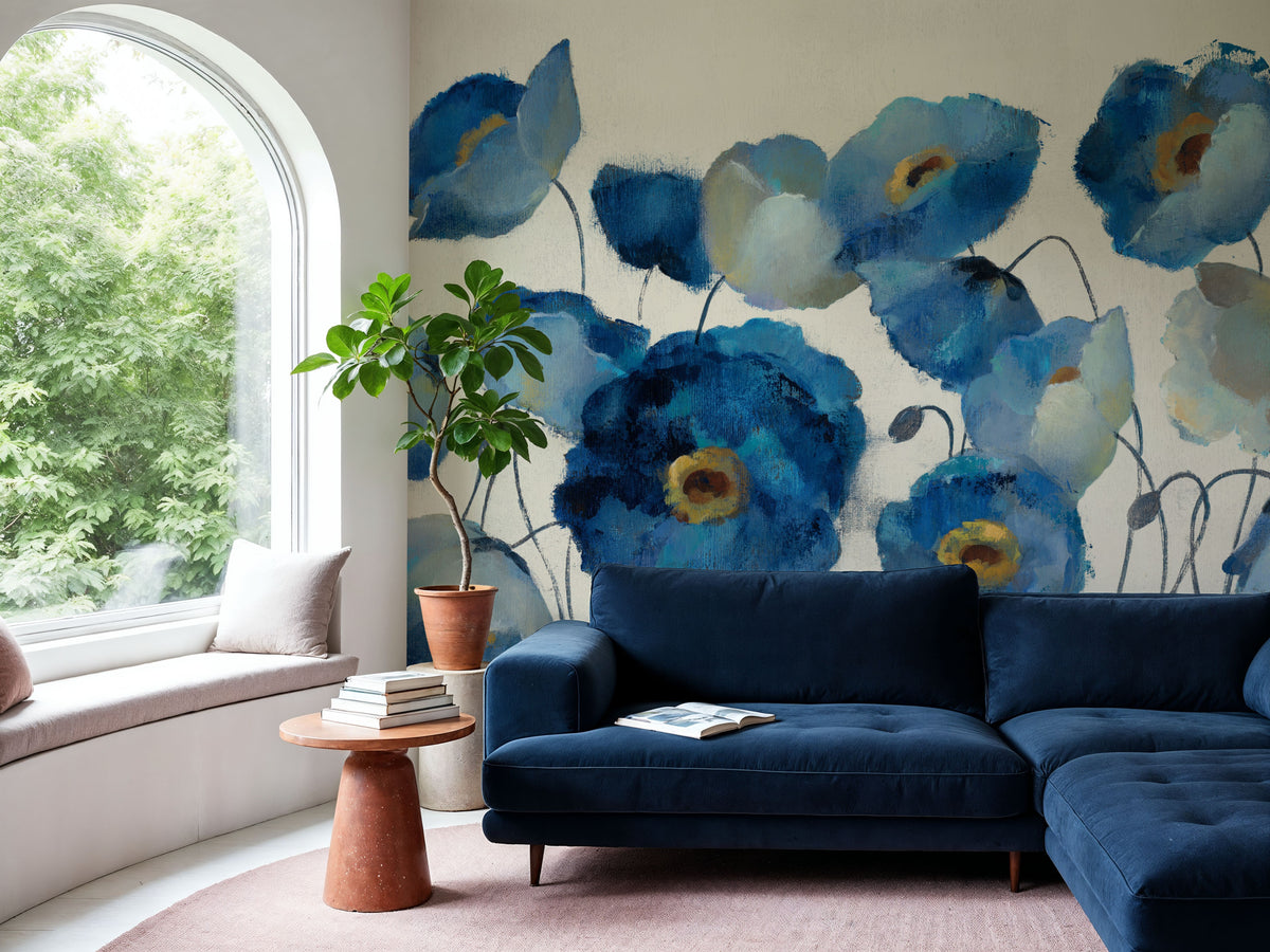 Aquamarine Floral on Cream Mural Wallpaper - room preview 02