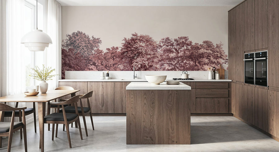 Forest Wallpaper Mural – Woodland Wall Mural – Over the Treetops, Burgundy