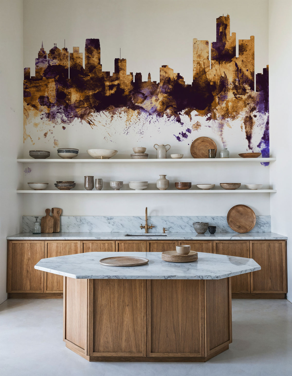 Detroit Michigan Skyline Purple & Gold Mural Wallpaper - room preview 02
