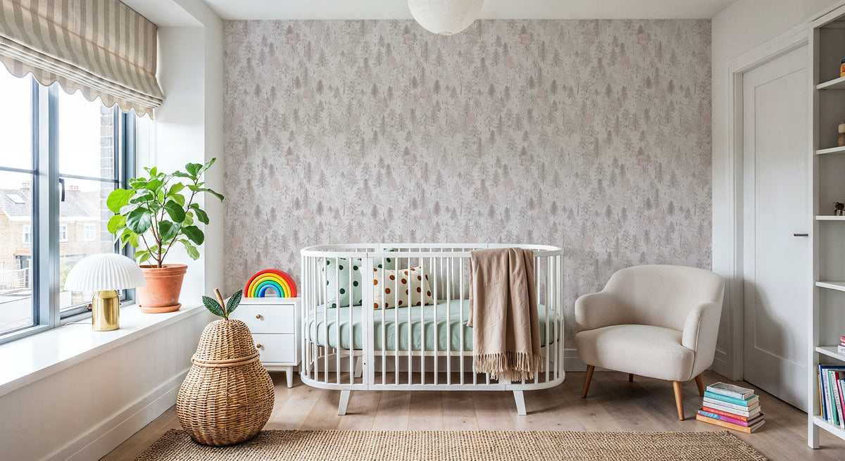 Forest Cabins, Blush Pink Mural Wallpaper - room preview 02