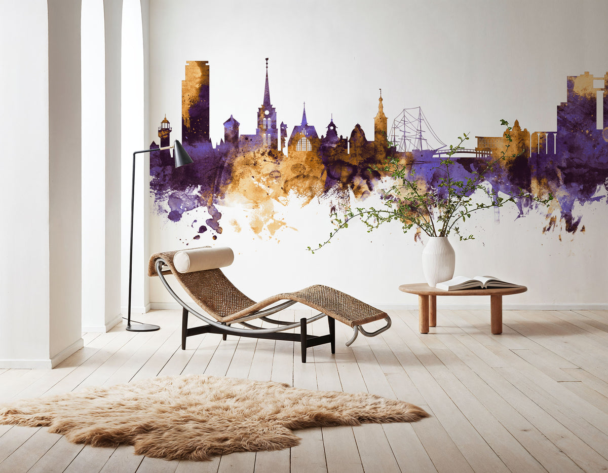 Halmstad Sweden Skyline Purple & Gold Mural Wallpaper - room preview 02