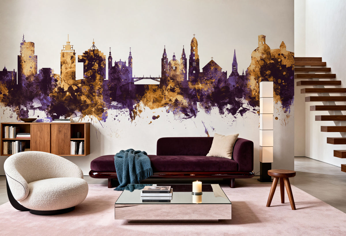 Ljubljana Slovenia Skyline Purpl & Gold Mural Wallpaper - room preview 02