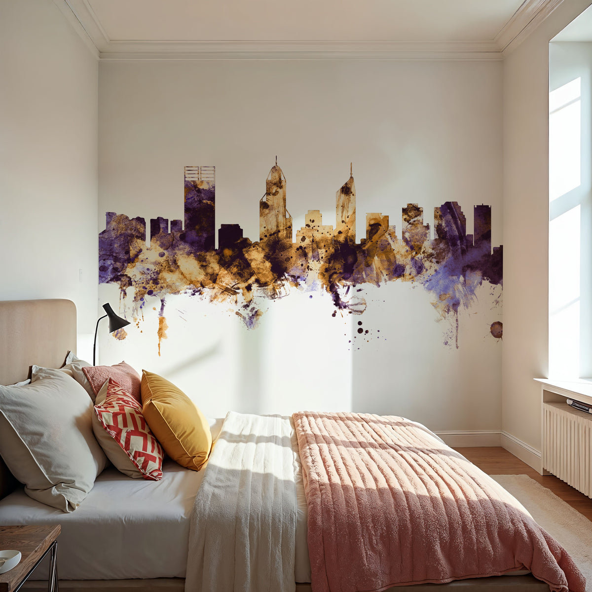 Perth Australia Skyline Purple & Gold Mural Wallpaper - room preview 02
