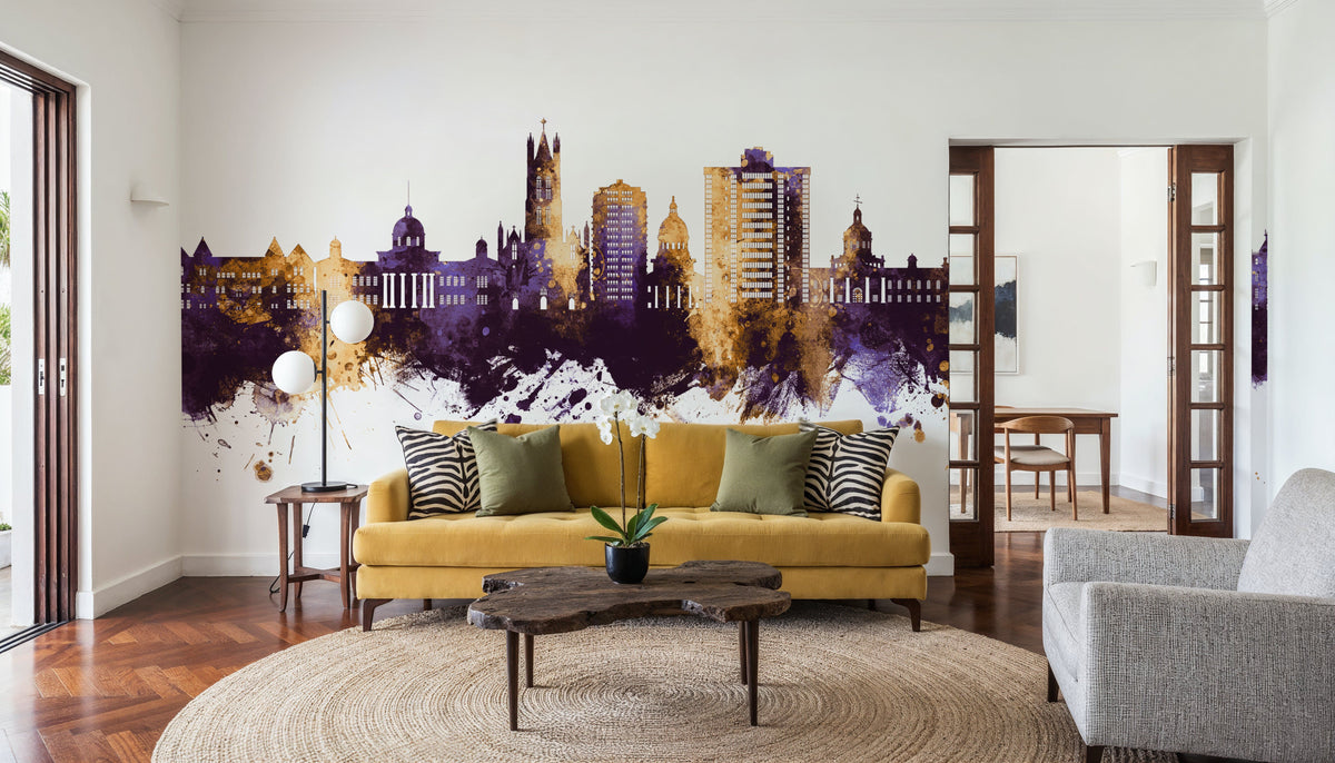 Kingston Canada Skyline Purple & Gold Mural Wallpaper - room preview 02