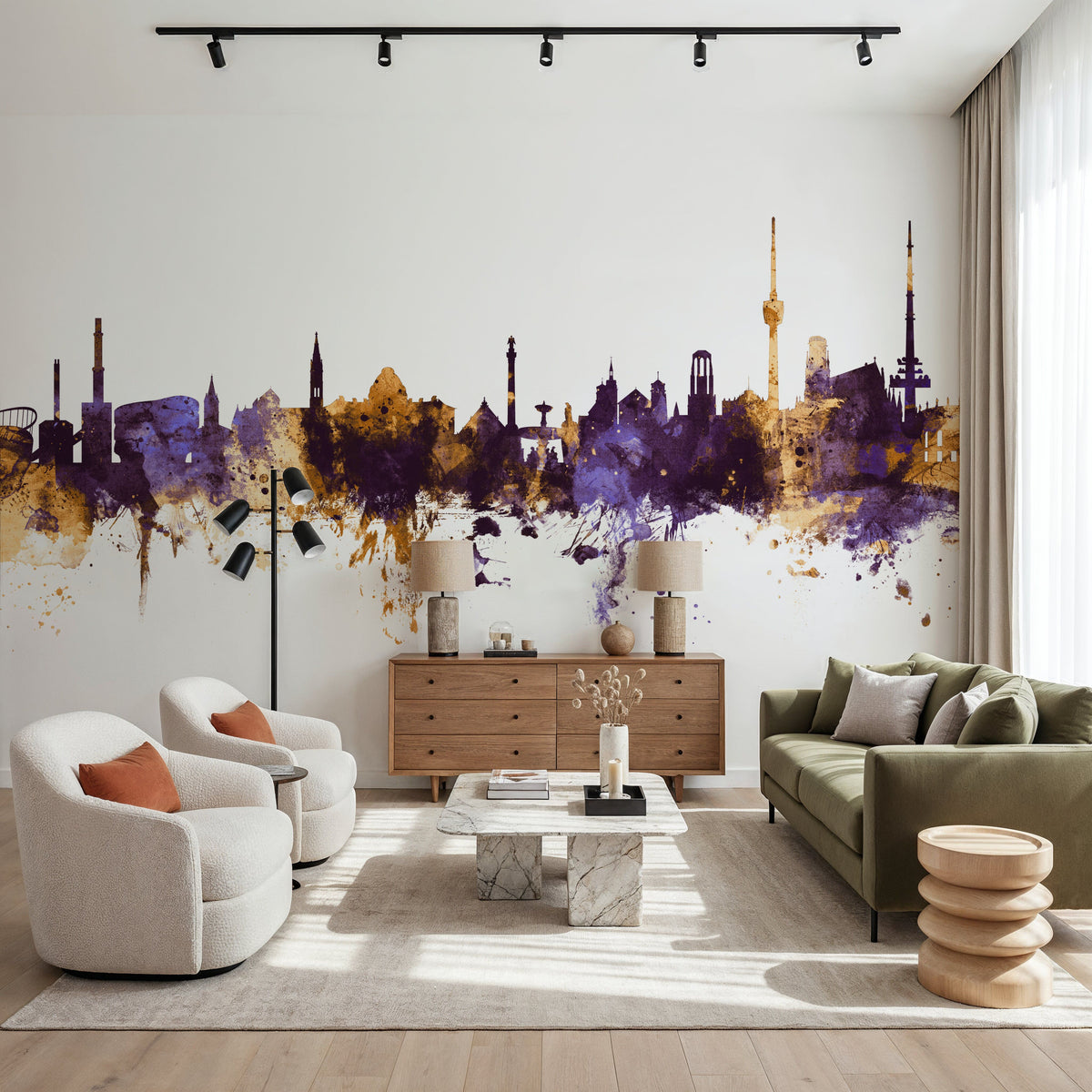 Stuttgart Germany Skyline Purple & Gold Mural Wallpaper - room preview 02