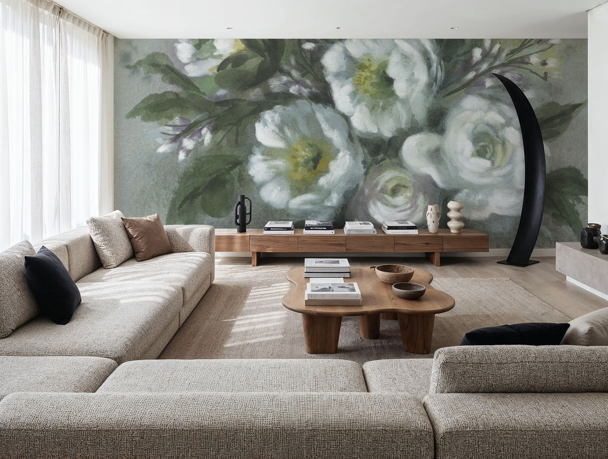 White Floral Vase Mural Wallpaper - room preview 02