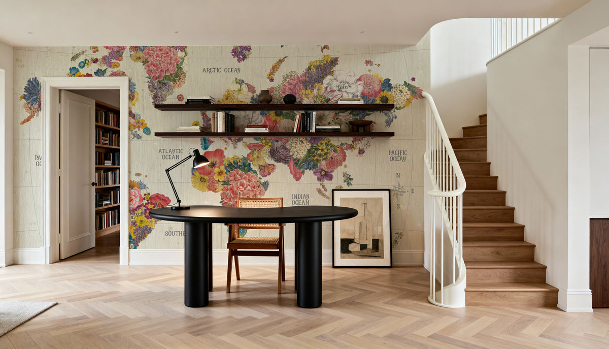 Botanical Floral Map Light Words Mural Wallpaper - room preview 02