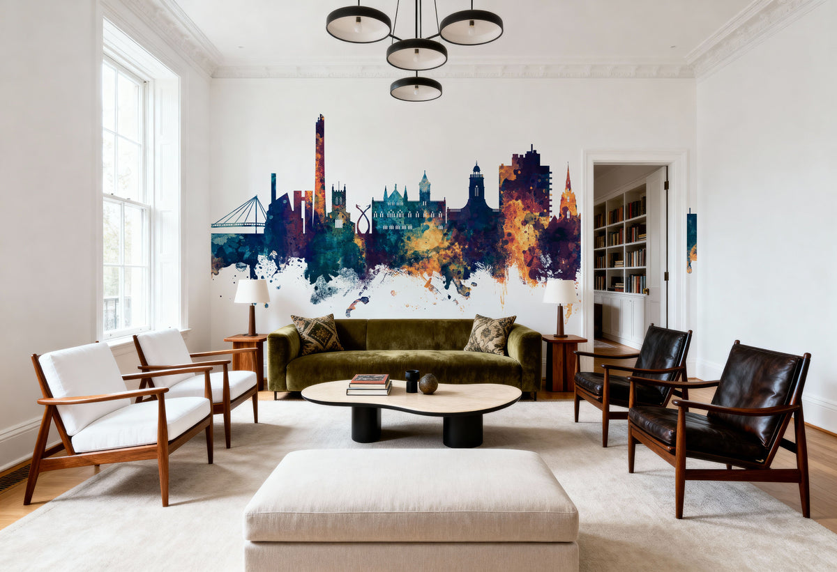 Northampton England Skyline Blue & Bronze Mural Wallpaper - room preview 02