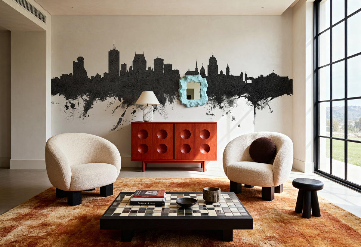 Quebec Canada Skyline Black & White Mural Wallpaper - room preview 02