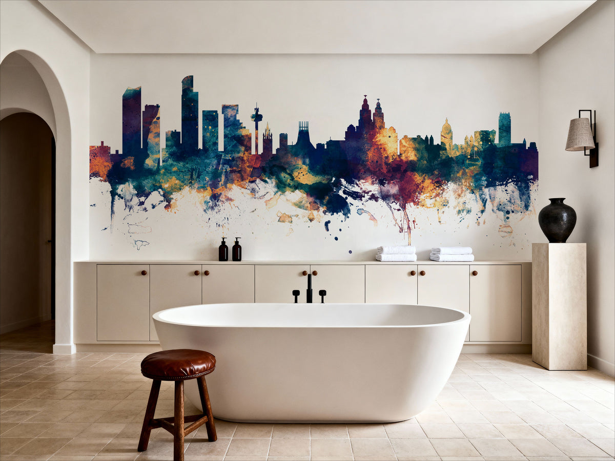 Liverpool England Skyline Blue & Bronze Mural Wallpaper - room preview 02