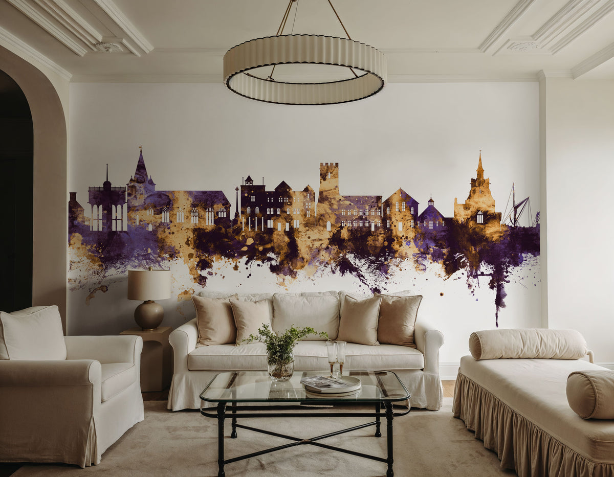 Maldon England Skyline Purple & Gold Mural Wallpaper - room preview 02