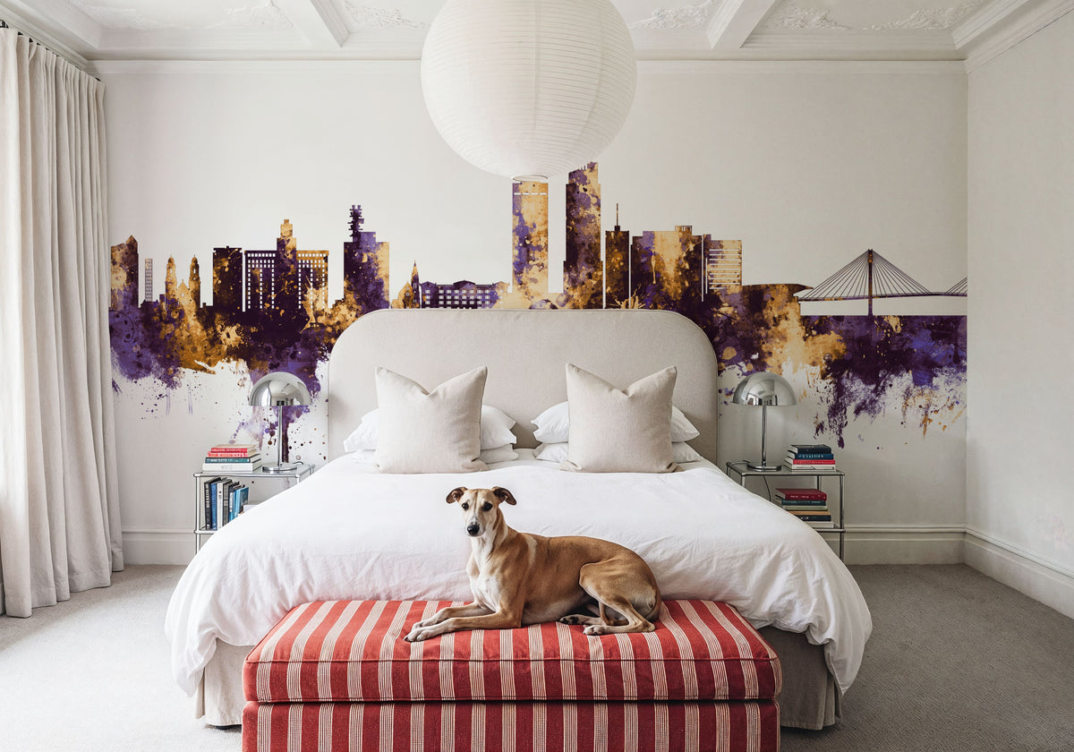 Omaha Nebraska Skyline Purple & Gold Mural Wallpaper - room preview 02