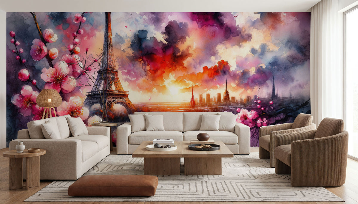 Watercolor Floral Paris Eiffel Tower Mural Wallpaper - room preview 02