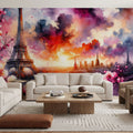 Watercolor Floral Paris Eiffel Tower Mural Wallpaper - room preview 02