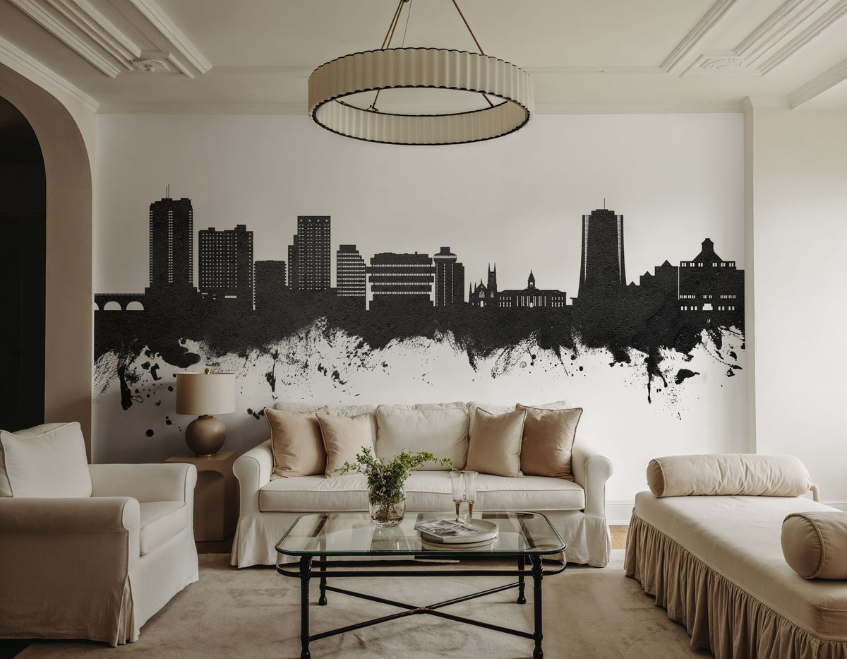 Stamford Connecticut Skyline Black & White Mural Wallpaper - room preview 02