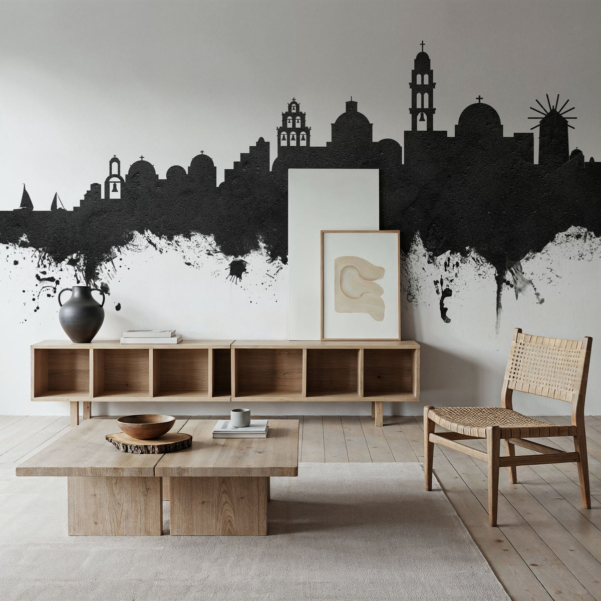 Santorini Skyline Black & White Mural Wallpaper - room preview 02
