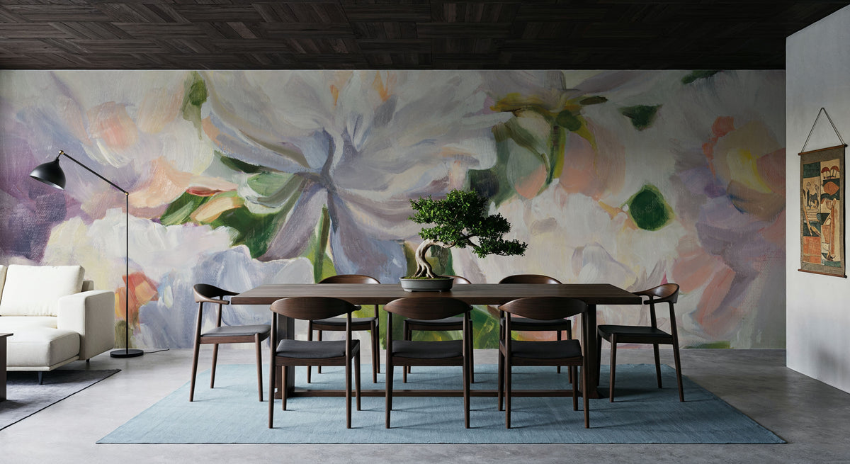 White Impressionistic Peonies Mural Wallpaper - room preview 02