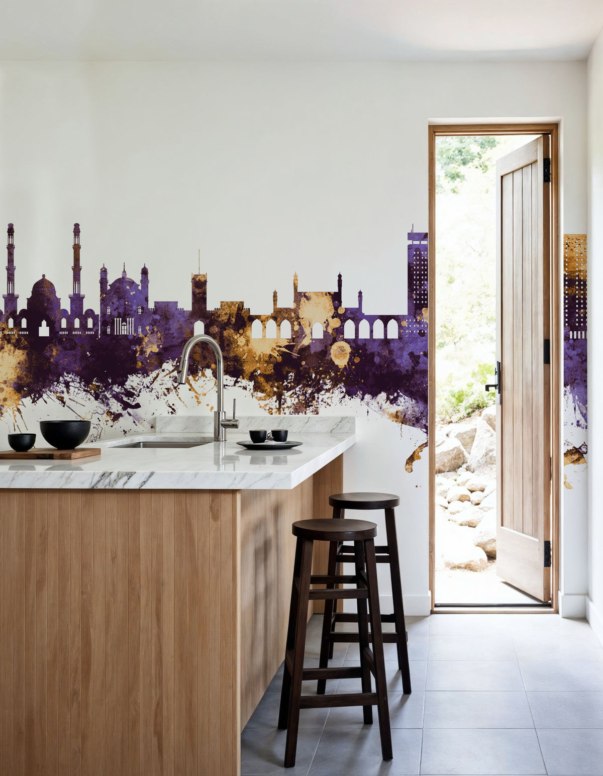Kabul Afghanistan Skyline Purple & Gold Mural Wallpaper - room preview 02
