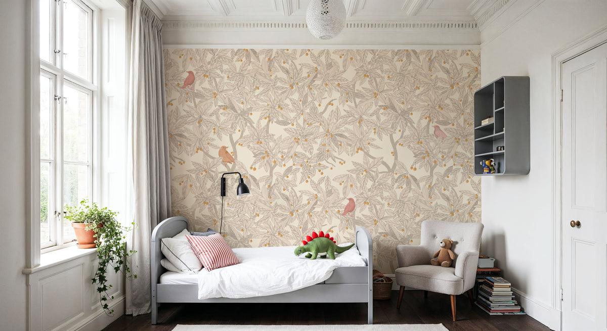 Cherry Tree Birds, Beige Mural Wallpaper - room preview 02