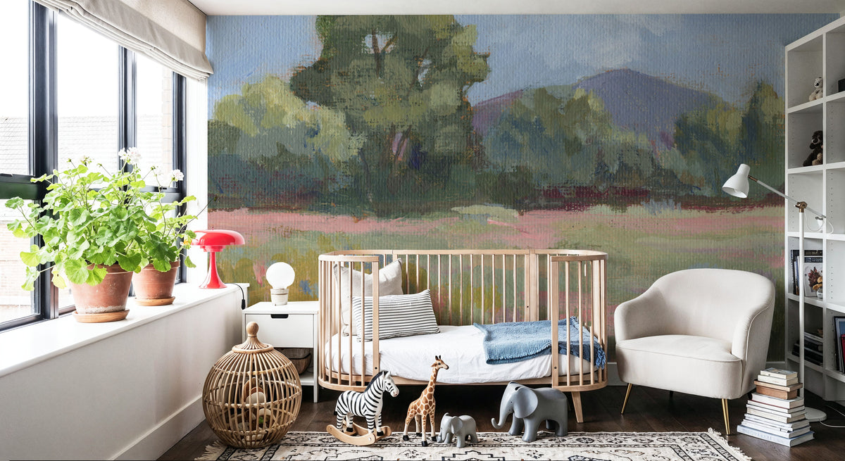 Pink and Green Meadow Mural Wallpaper - room preview 02