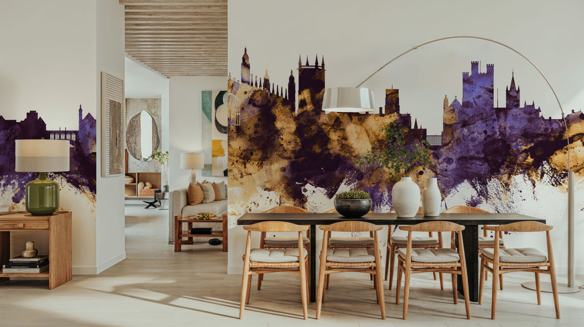 Cambridge England Skyline Purple & Gold Mural Wallpaper - room preview 02