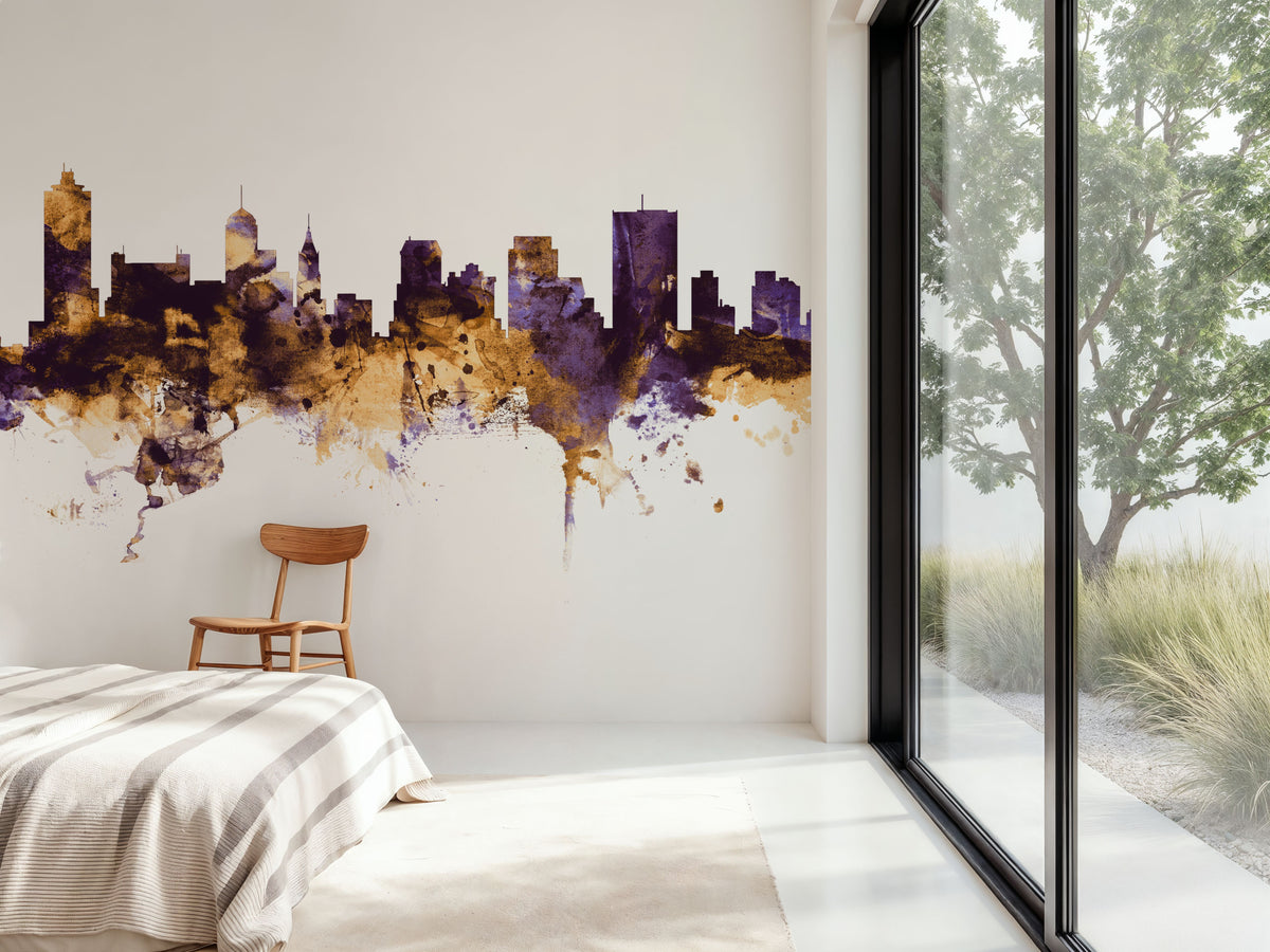 Memphis Tennessee Skyline Purple & Gold Mural Wallpaper - room preview 02