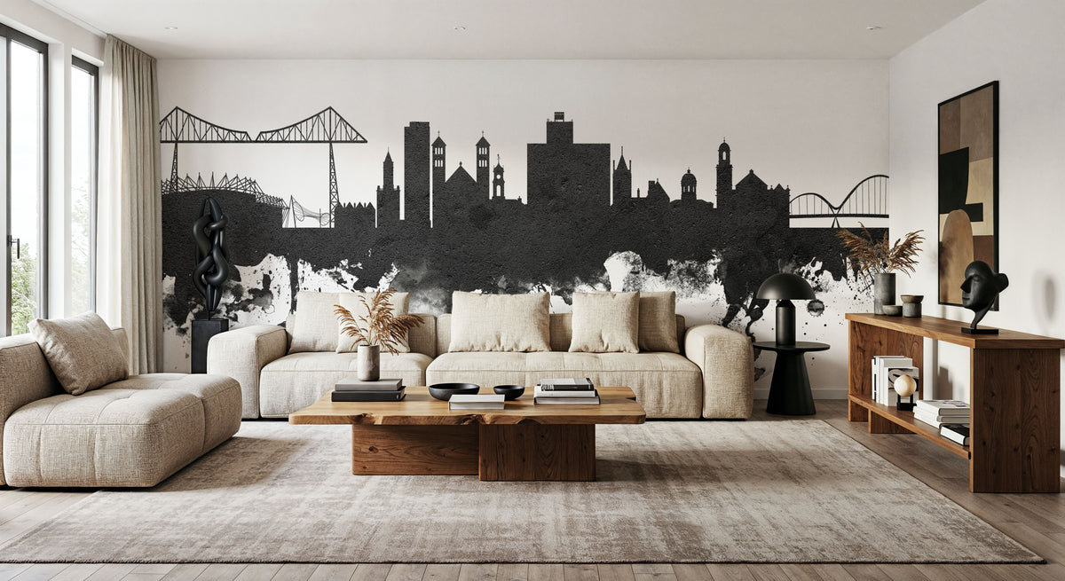 Middlesbrough England Skyline Black & White Mural Wallpaper - room preview 02