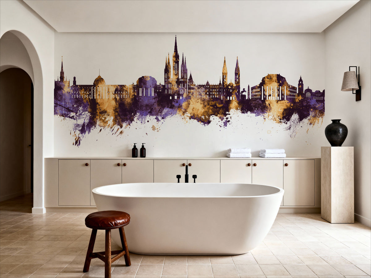 Weisbaden Germany Skyline Purple & Gold Mural Wallpaper - room preview 02