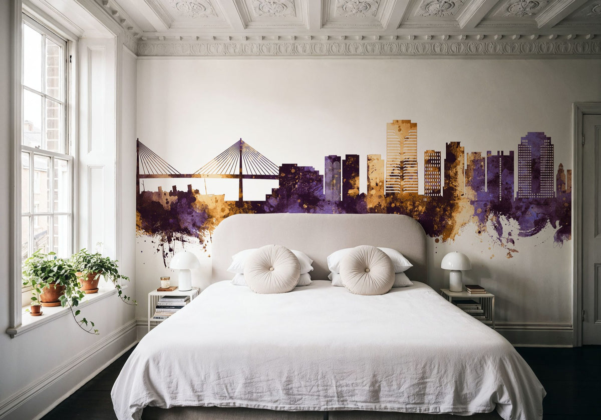 Long Beach California Skyline Purple & Gold Mural Wallpaper - room preview 02
