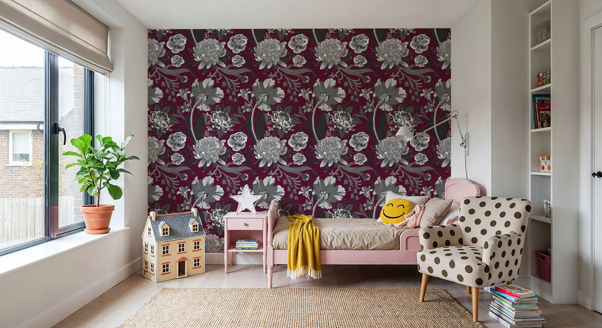 Rococo Chysatemums, Stone on Wine Mural Wallpaper - room preview 02