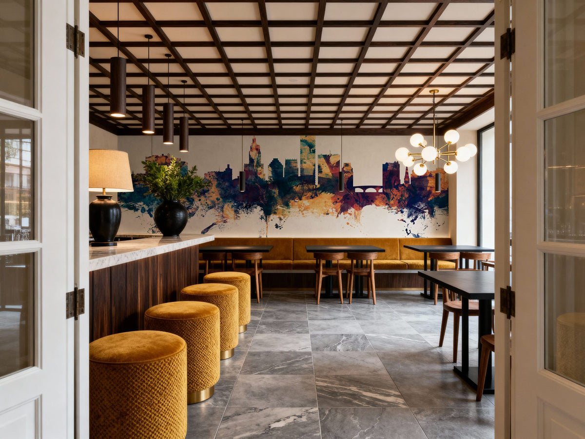 Providence Rhode Island Skyline Blue & Bronze Mural Wallpaper - room preview 02