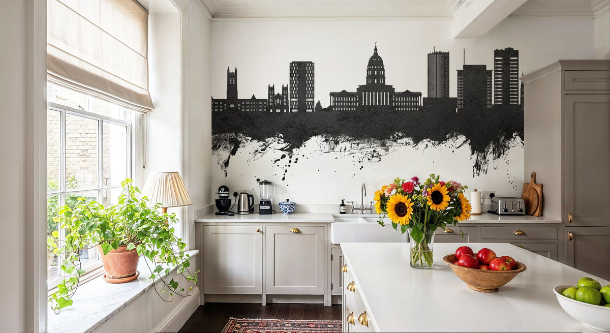 Topeka Wyoming Skyline Black & White Mural Wallpaper - room preview 02