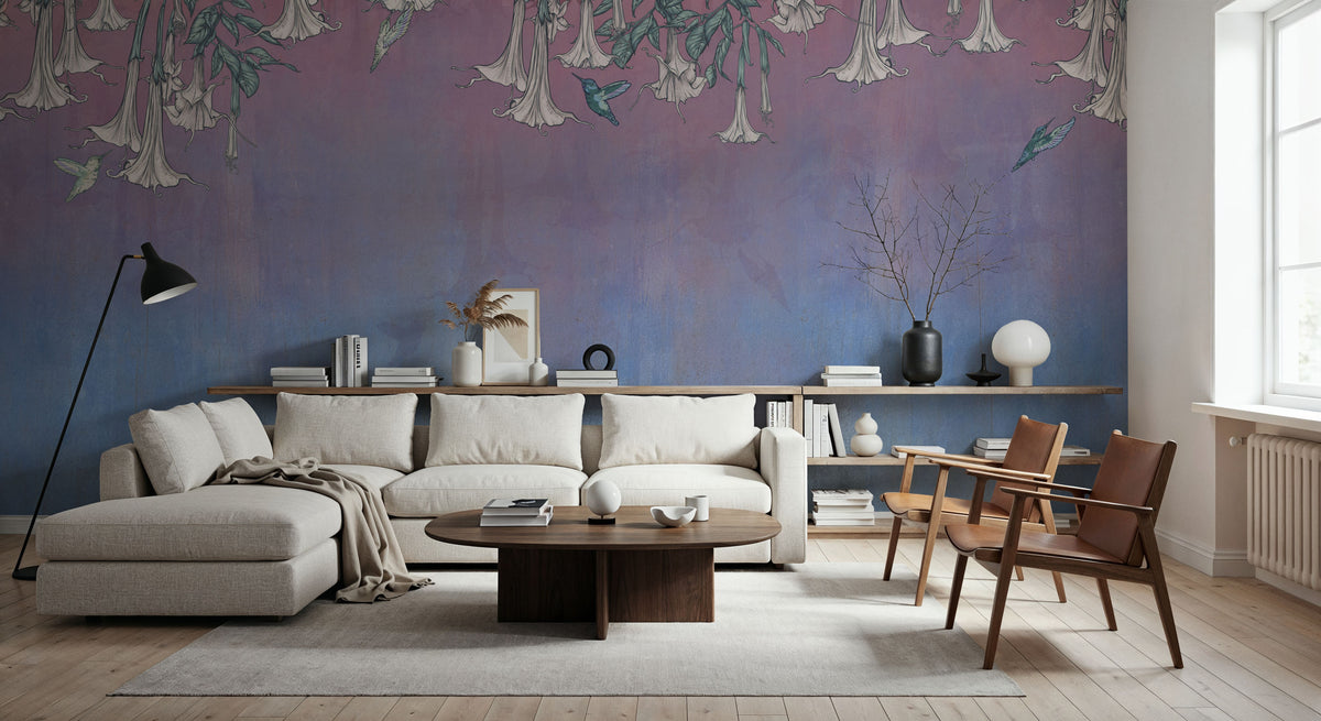 Hummingbirds and Trumpets Pink Blue Mural Wallpaper - room preview 02