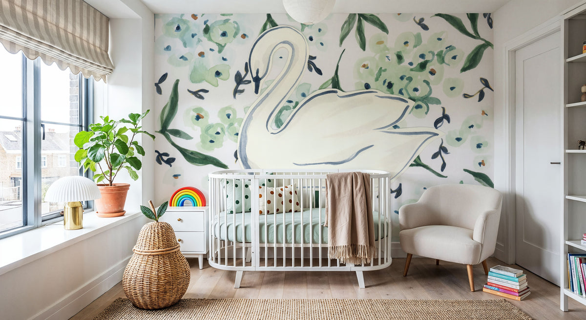 Green Hydrangea Swan Mural Wallpaper - room preview 02