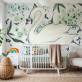 Green Hydrangea Swan Mural Wallpaper - room preview 02