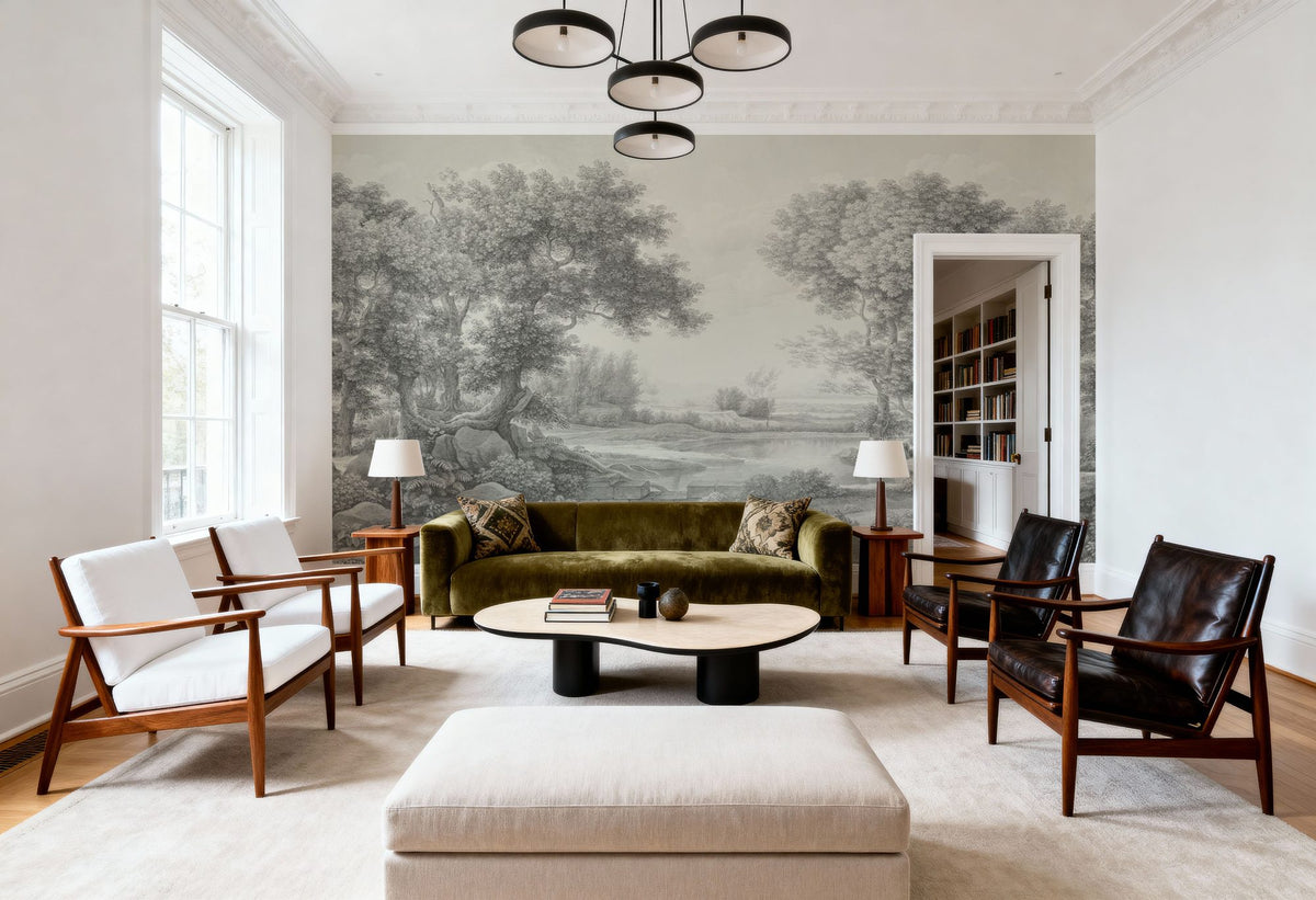 Riverbank Oak Landscape, Argent Mural Wallpaper - room preview 02