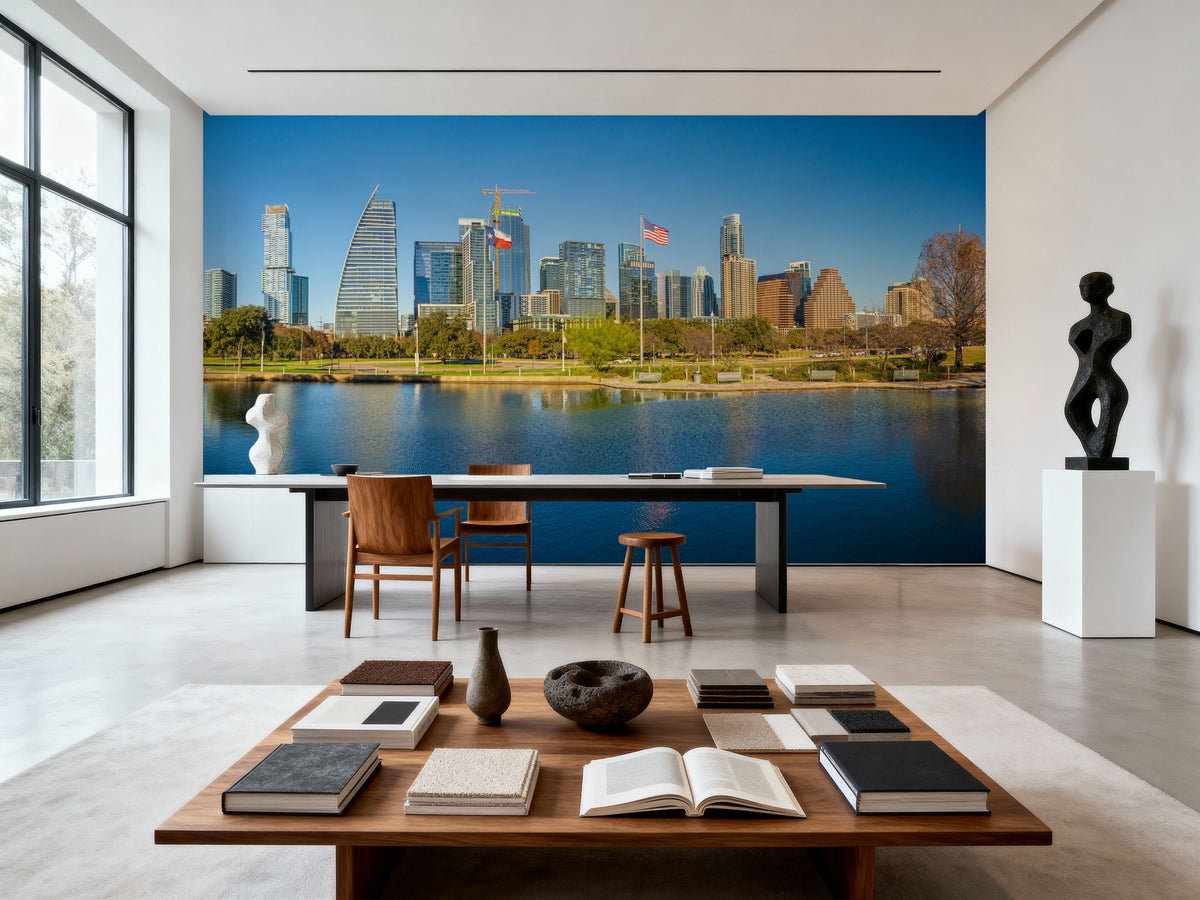 Urban Waterfront Mural Wallpaper - Blue Tone - room preview 02