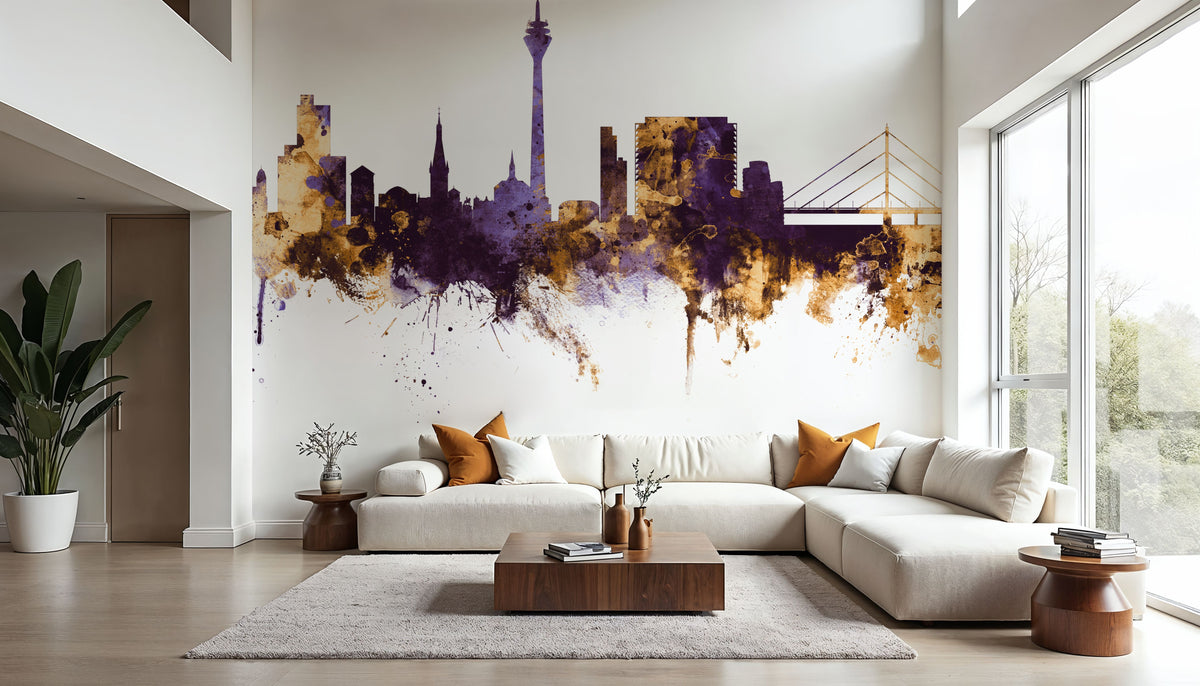 Düsseldorf Germany Skyline Purple & Gold Mural Wallpaper - room preview 02
