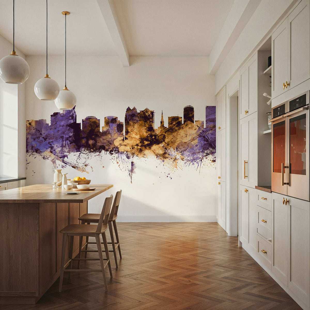 Orlando Florida Skyline Purple & Gold Mural Wallpaper - room preview 02