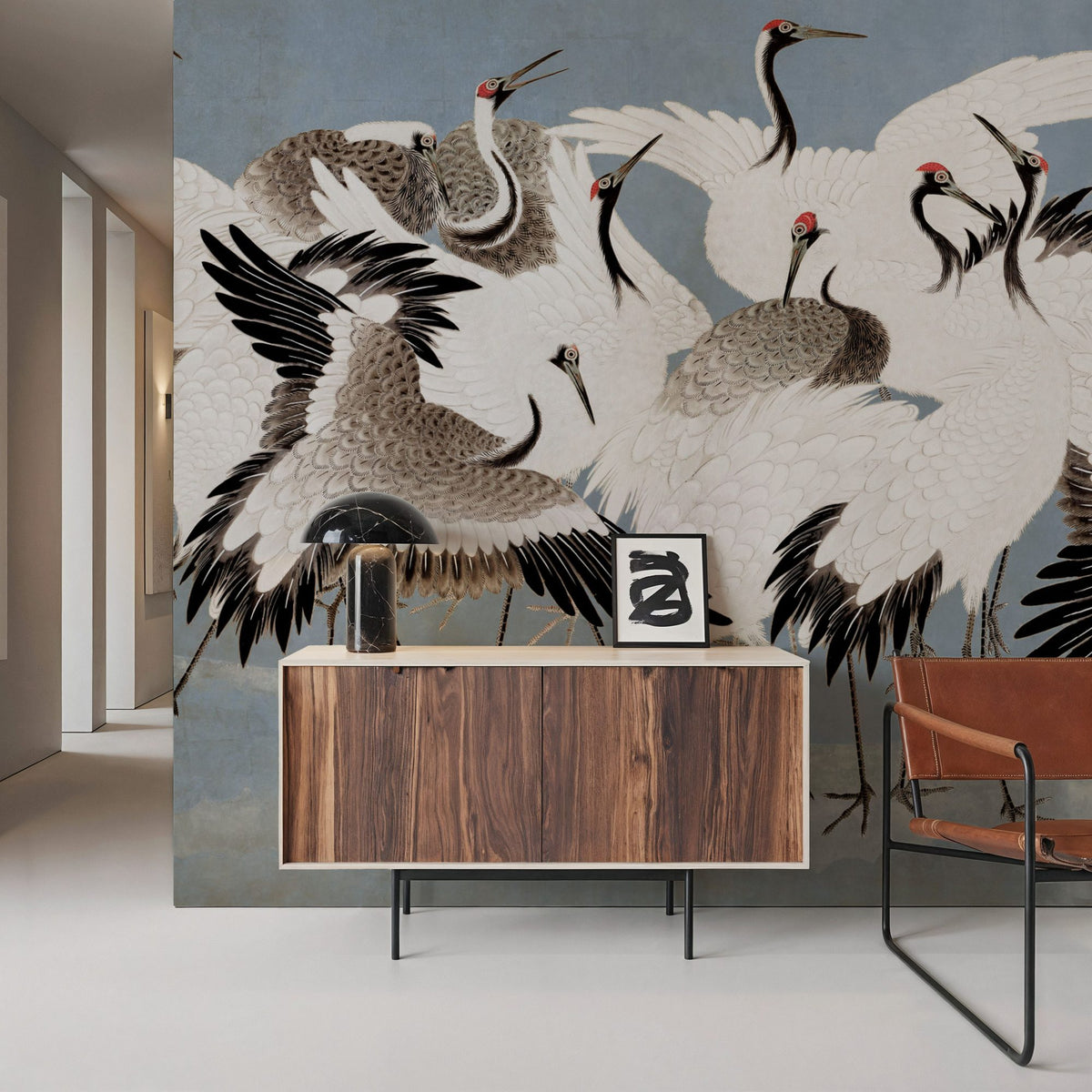 Japanese Flock of Cranes, Misty Sky Mural Wallpaper - room preview 02