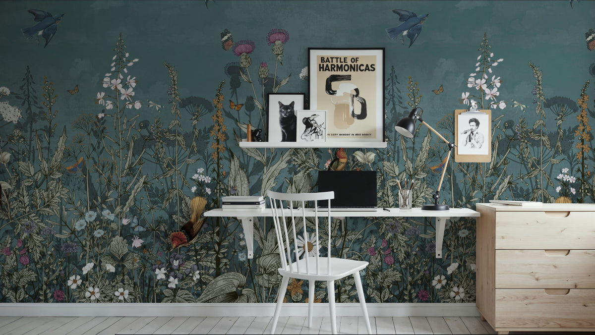 Meadow Finds Dusty Blue Mural Wallpaper - room preview 02