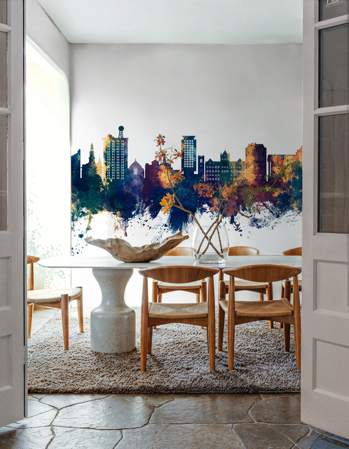 Madison Wisconsin Skyline Blue & Bronze Mural Wallpaper - room preview 02