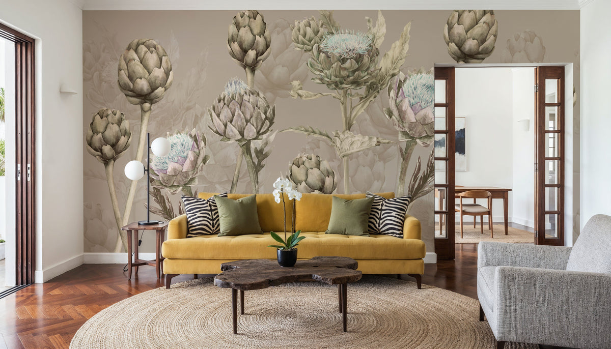 Artichoke Blooms, Mocha Mural Wallpaper - room preview 02