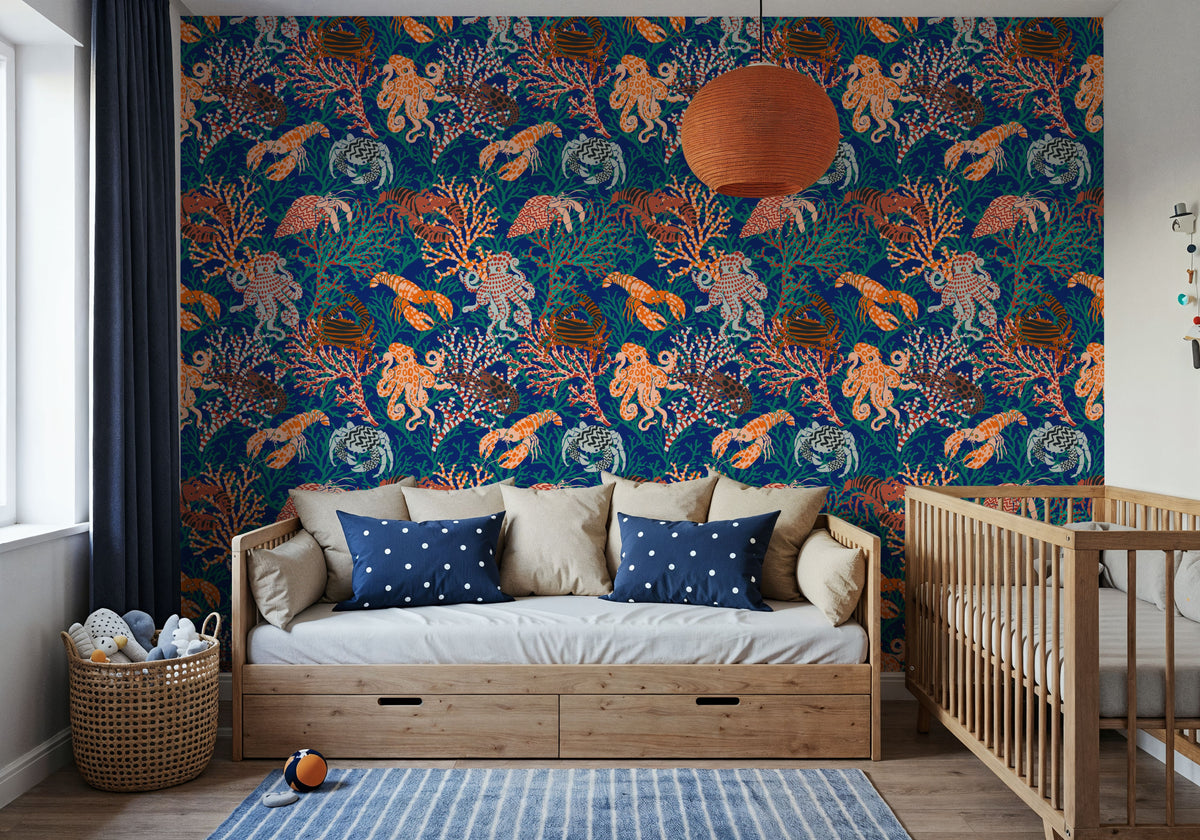 Vibrant Coral Reef, Blue and Orange Mural Wallpaper - room preview 02